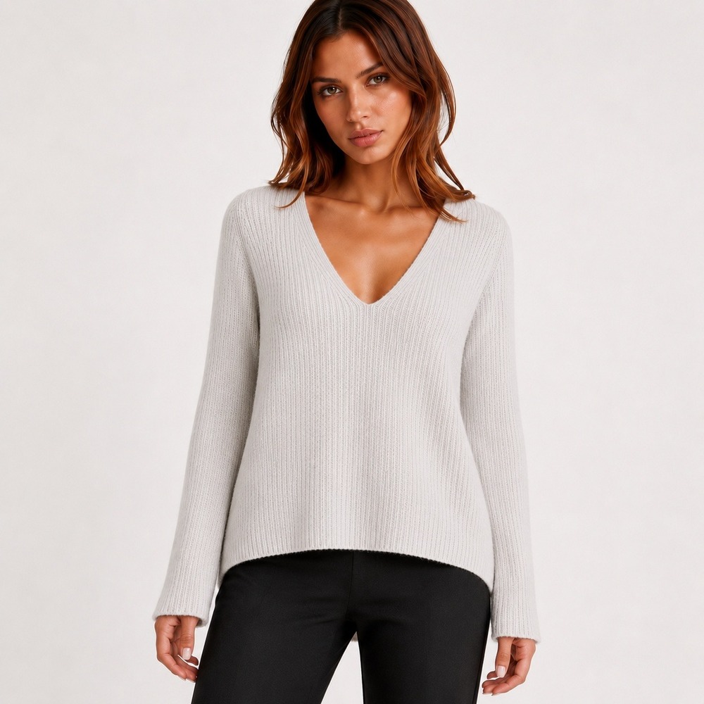 Helmut Lang Beige Grey Wool Cashmere Ribbed Deep V-Neck Sweater Size Large
